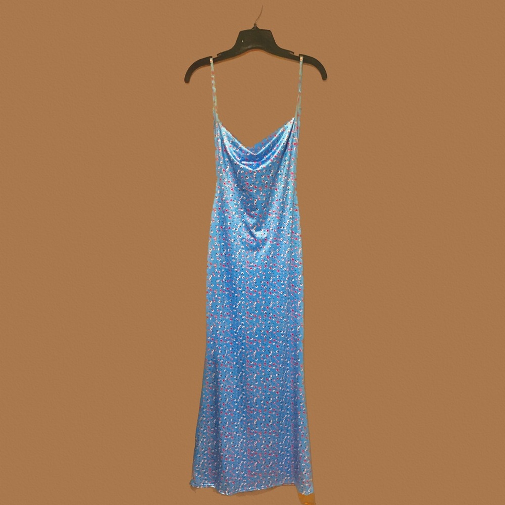 Blue floral, spaghetti, striped body con, long maxi dress